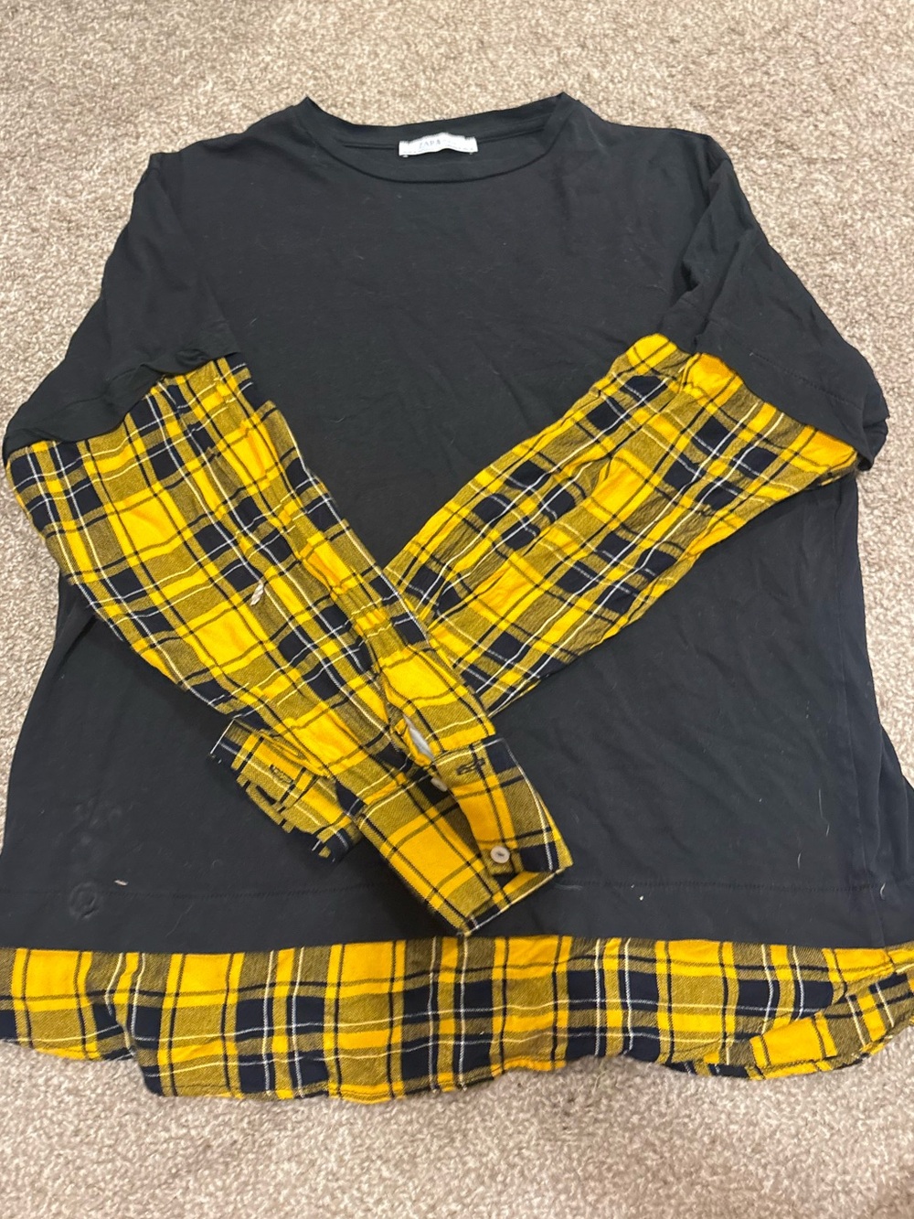Zara Black Top with Yellow Plaid Sleeve and Hem